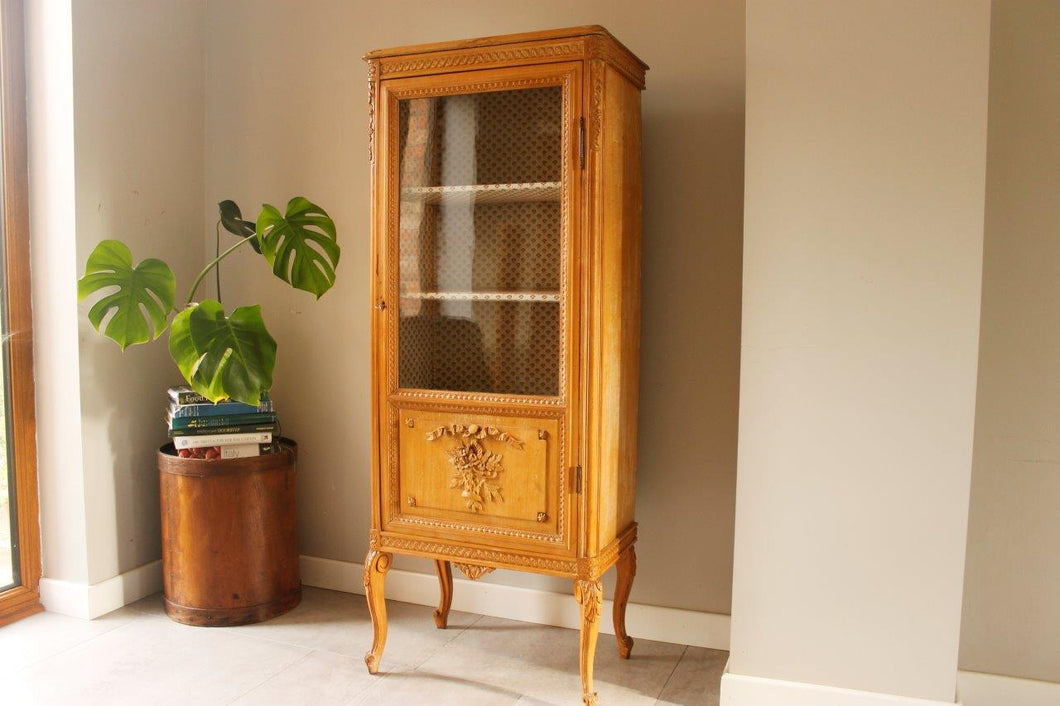 French relief carved beech display cabinet