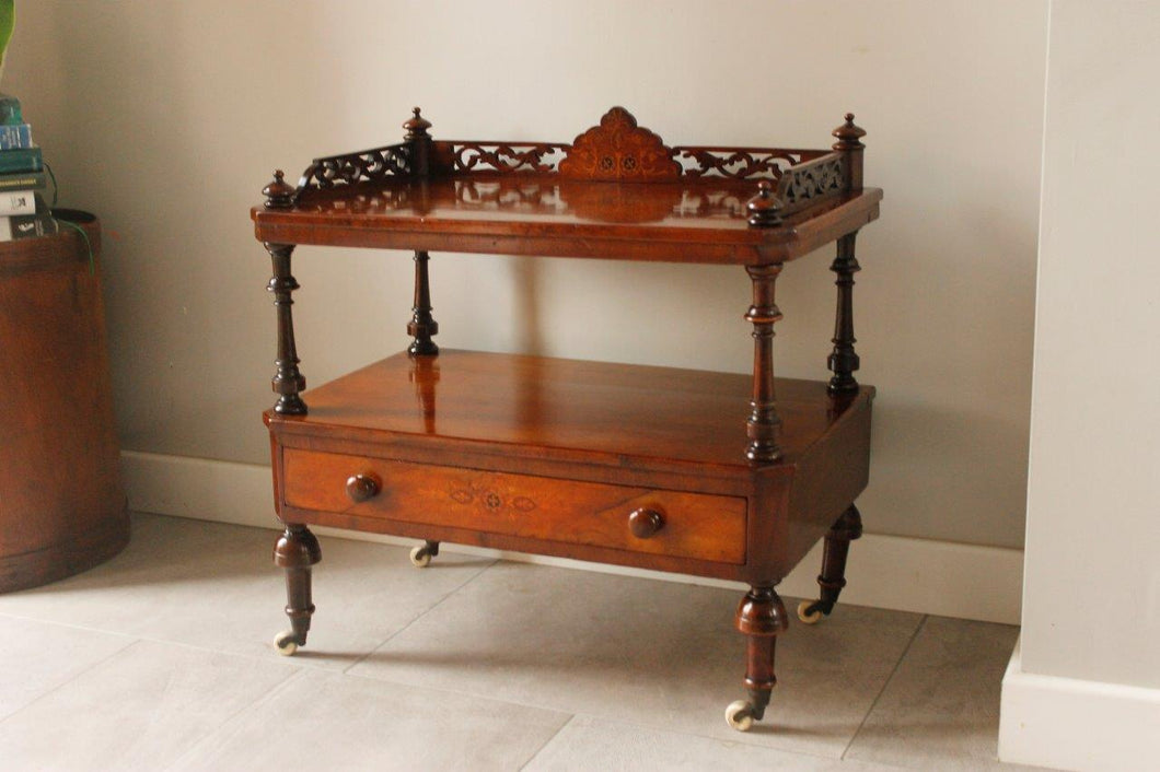 Antique Victorian Burr Walnut & Inlaid Canterbury Whatnot With Drawer