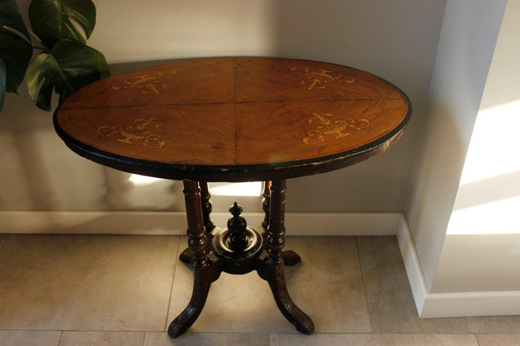 Victorian Walnut And Marquetry Oval Side Table With Ebonised Base And Top