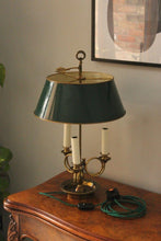 Load image into Gallery viewer, Three Light Brass Lamp with Green Toleware Shade by Leviton
