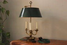 Load image into Gallery viewer, Three Light Brass Lamp with Green Toleware Shade by Leviton
