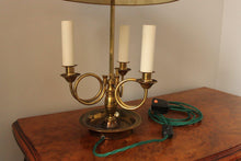 Load image into Gallery viewer, Three Light Brass Lamp with Green Toleware Shade by Leviton
