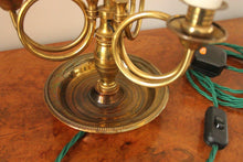 Load image into Gallery viewer, Three Light Brass Lamp with Green Toleware Shade by Leviton
