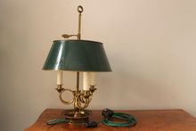 Load image into Gallery viewer, Three Light Brass Lamp with Green Toleware Shade by Leviton
