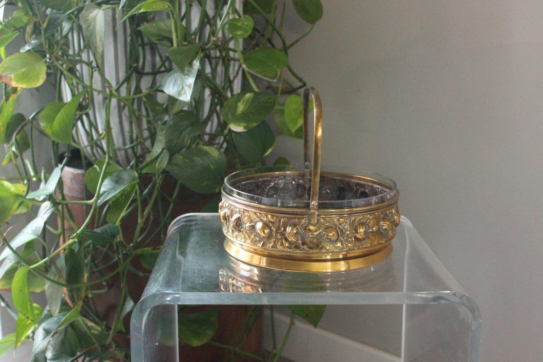 Antique Brass & Glass Carry Serving Dish