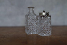 Load image into Gallery viewer, Vintage Cut Glass Bottle and Condiment Jar with Silver Lid
