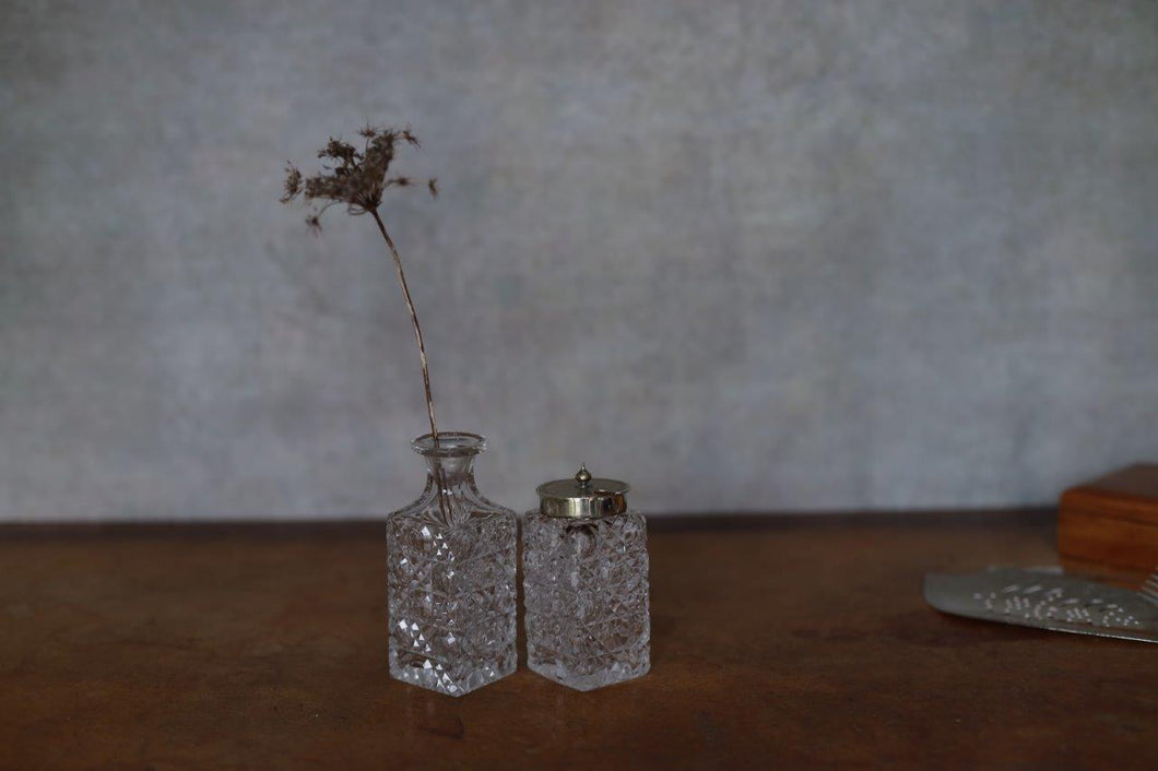 Vintage Cut Glass Bottle and Condiment Jar with Silver Lid